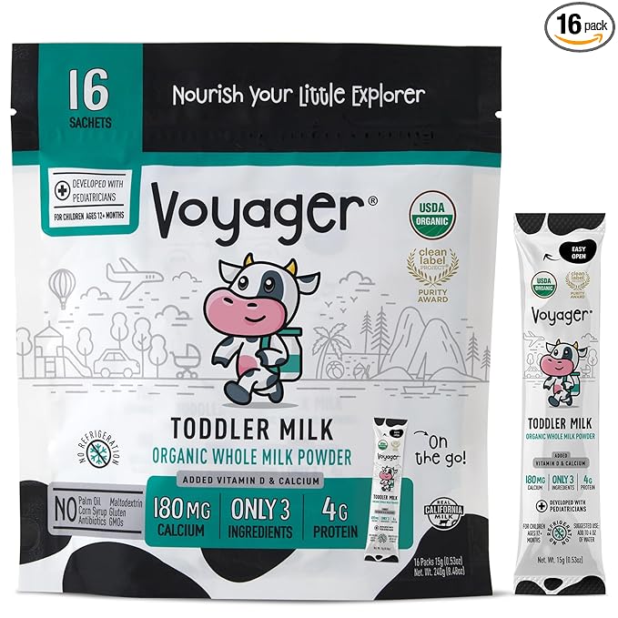 Voyager Toddler Milk On The Go, USDA Organic Shelf Stable Whole Milk Powder, Great for Travel, No Refrigeration, Gluten Free with No GMO's and No Antibiotics for Kids, 16 Sachets of 15g