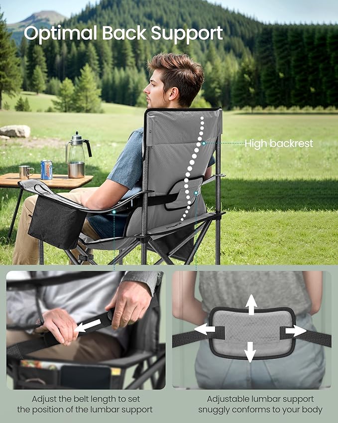 SONGMICS Oversized Lumbar Support Camping Chair, Heavy-Duty Outdoor Folding Chair Comfortable, Padded, Glamping, Cooler Bag, Weight Capacity 450 lb, Slate Gray UGCB066G01