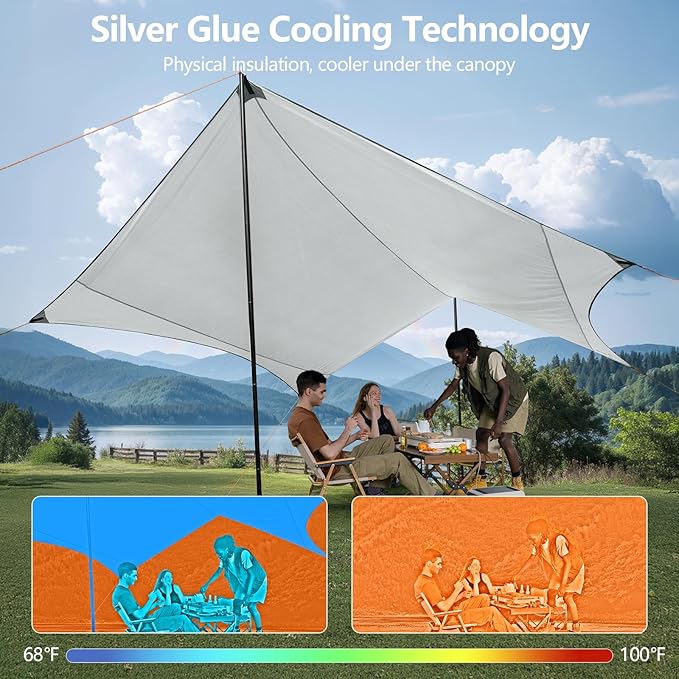 Camping Tarp with Poles & Retainer,15x12.5FT Large Waterproof 210D Oxford Cloth Camping Canopy, Anti-UV UPF100+ Tent Tarp Car Awning for Outdoor, Picnic, Hammock, Car, Backpacking (Khaki)