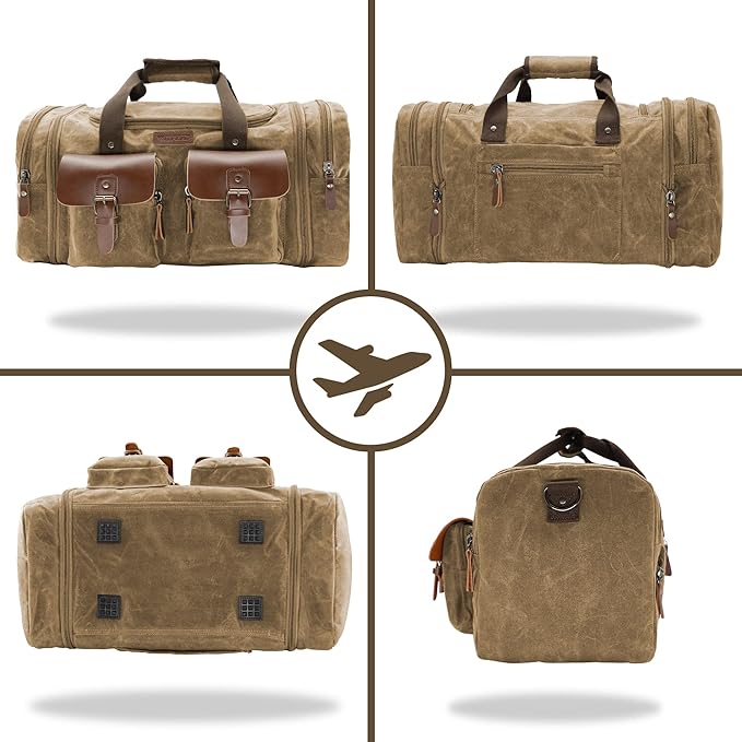 Wildroad Waxed Canvas Genuine Leather 50L Waterproof Duffle Bag - Vintage Travel Weekender Overnight Carry On