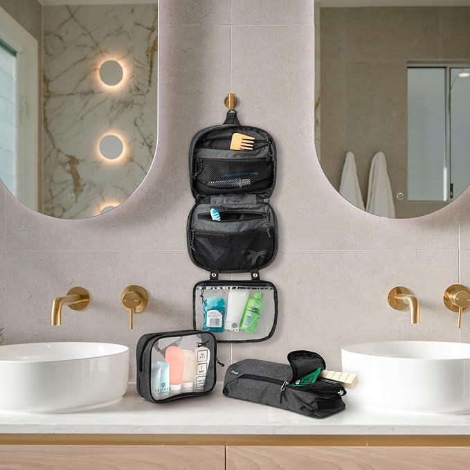 Toiletry Bag Kit Set: Hanging Travel Toiletry Bag + 311 TSA Cosmetic Liquid Bag + Ultralight Accessory Organizer Pouch