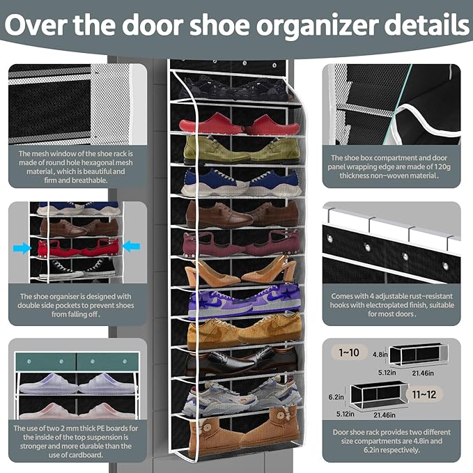 12 Pocket Over the Door Shoe Organizer,Reusable Breathable Large Mesh Bag Men's & Women's Sneaker Organizer,Shoe Organizer for Kids,Hanging Shoe Storage Hanging Bag (Black)