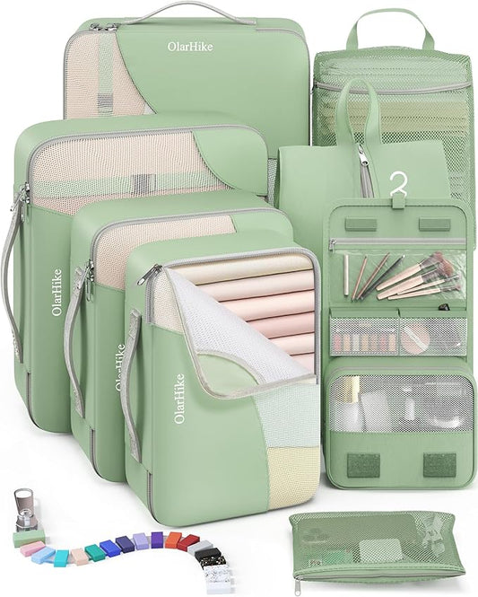 8 Set Packing Cubes for Travel, Anti-Tearing Suitcase Organizer for Luggage with Shoe & Hanging Toiletry Bag,Gifts for Women Mom,OlarHike Vacation Essentials & Accessories for Cruise Ship,Matcha Green