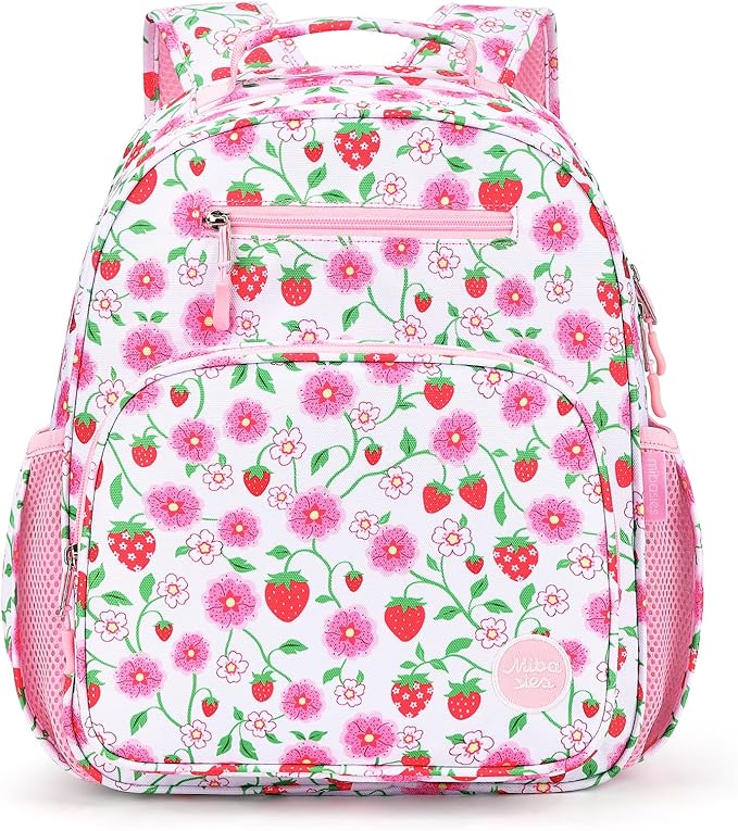 mibasies Girls Backpack 5-8: Lightweight Kids Backpacks for Girls - Girl Bookbag for Elementary School - Strawberry Floral Pink