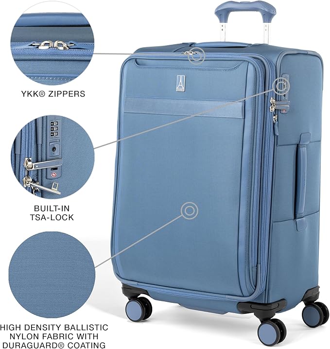 Travelpro VersaPack+ Lightweight Softside Expandable Checked Luggage, 8 Spinner Suitcase, TSA Lock, Men and Women, Checked Medium 25-Inch, Elemental Blue