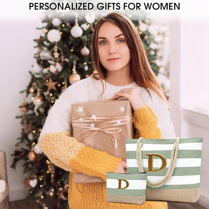 Becokan Beach Bag Initial Beach Tote with Makeup Bag for Travel Work Storage Personalized Birthday Gifts for Women Her