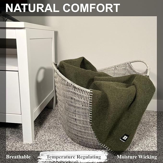 EKTOS 100% Virgin Wool Blanket, 50" x 60", Perfect for Camping, Outdoor Essentials (Olive Green, Throw Size)