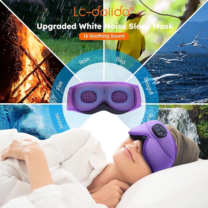 LC-dolida White Noise Sleep Mask, 3D Sleep Headphones with 16 Soothing Sounds, Bluetooth 5.4 Sleep Eye Mask with Timer, Total Blackout Sleeping Headphones for Side Sleeper(Purple)