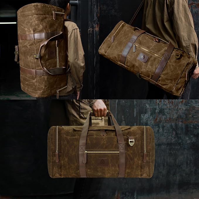 60L Travel Bags for Men, Nomad Washed Canvas Duffle Bag Vintage Genuine Leather Travel Duffel Bag Multifunctional Weekender Overnight Backpack with Shoes Compartment