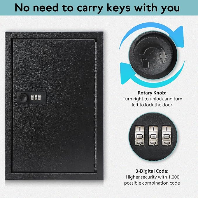 KYODOLED Locking Key Cabinet, 40 Key Storage Lock Box with Code, Key Box Wall Mount with Combination Lock, Key Hooks & Tags Key Labels, 2.5" D x 8" W x 12" H (Black,40 Key)