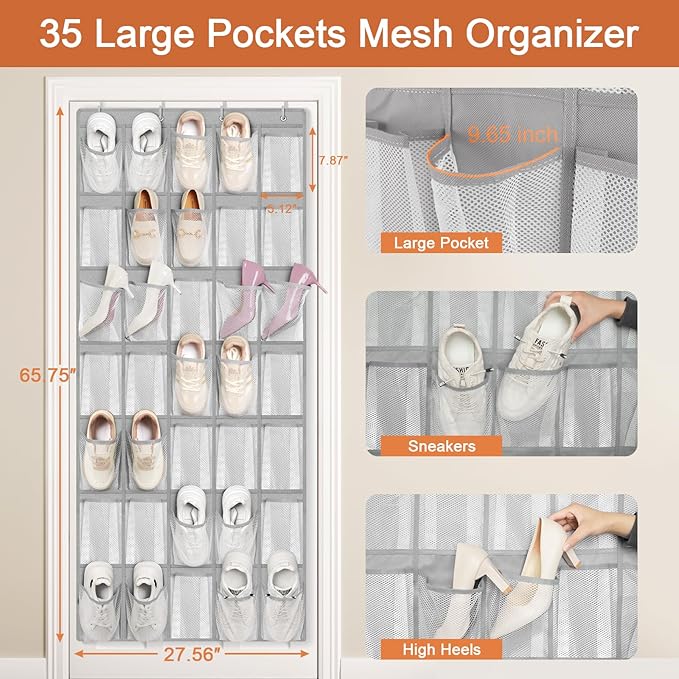 FENTEC 35 Large Pockets Over The Door Shoe Organizer, Mesh Hanging Shoe Organizer Shoe Rack for Closet Mesh Closet Shoe Holder, Over Door Organizer, Shoe Organizer for Wall, Grey, 1 Pack