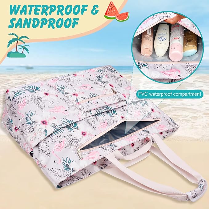 Extra Large Beach Bags for Women, Waterproof Sandproof Beach Tote Bag Zipper Foldable Swim Pool Bag with Wet Pocket