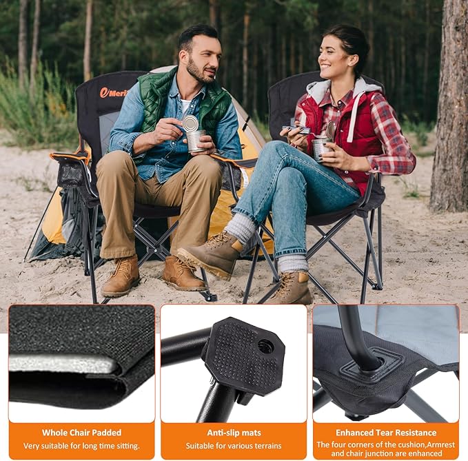 EMERIT 2 Pack Oversized Padded Camping Chair, 350LB Heavy Duty Quad Fold Chair with Arms, Collapsible Outdoor Chairs with Lumbar Back & Cup Holder