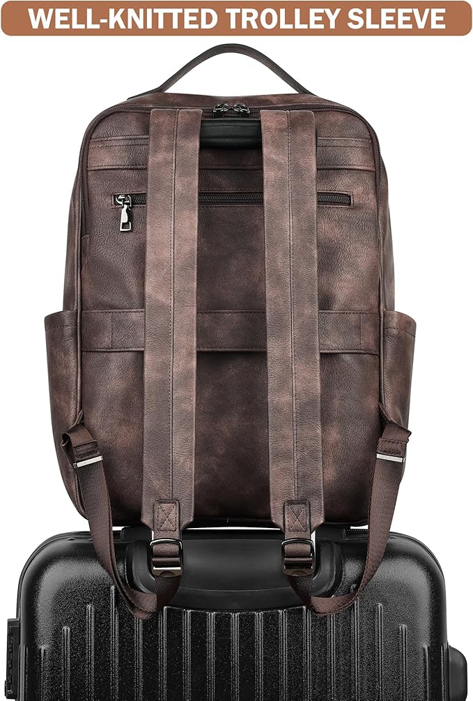 MASINTOR 15.6 inch PU Leather Laptop Backpack Purse for Women, Large College Casual Backpack Travel Bag Retro Coffee