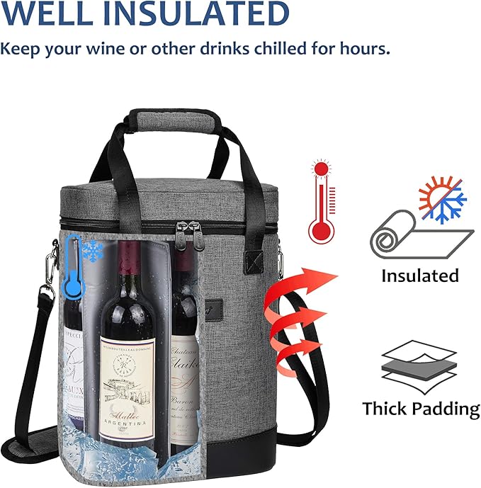 Tirrinia 6 Bottle Wine Cooler Bag - Insulated Padded Portable Versatile Wine Gift Carrier Tote Bag for Travel, BYOB Restaurant, Wine Tasting, Party, Pecfect Gift for Wine Lover, Grey