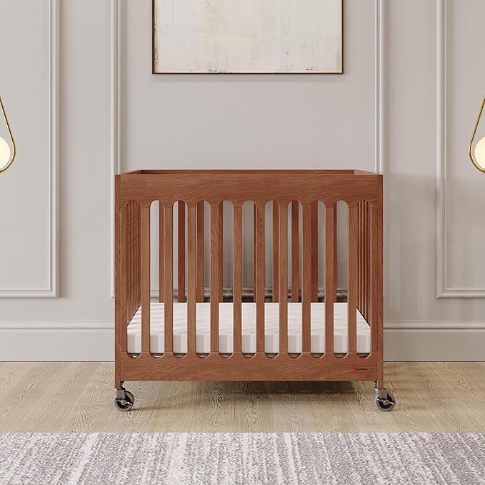 Foundations Boutique Folding Hotel Crib and Sheet Bundle - Includes Wooden Mini Crib with 3" Foam Mattress (Cherry) and 6-Pack White Fitted Compact Sheets