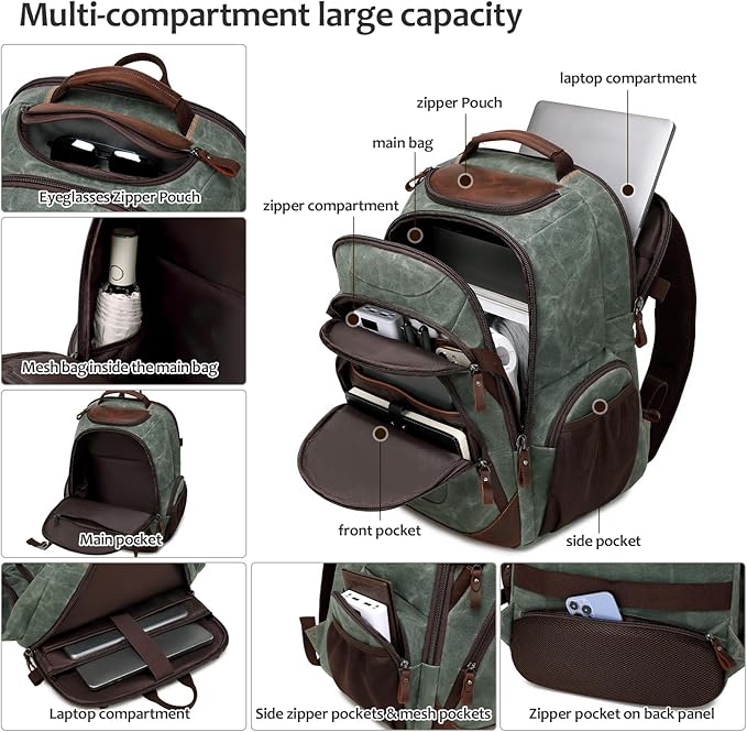 Travel Laptop Backpack 17.3 inch XL Computer Backpack for Men Waxed Canvas College Daypack Business Backpack Army Green