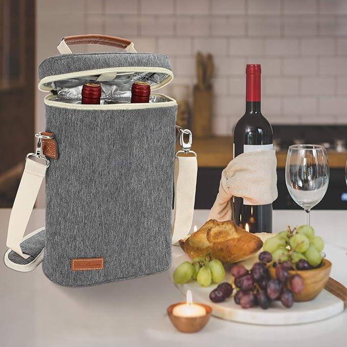 ZORMY 2 Bottle Insulated Wine Tote Bag, Wine Carrier Travel Padded Cooler Bag with Shoulder Strap & Corkscrew Opener, Perfect Wine Lover's Gift, Great for Picnics Grey