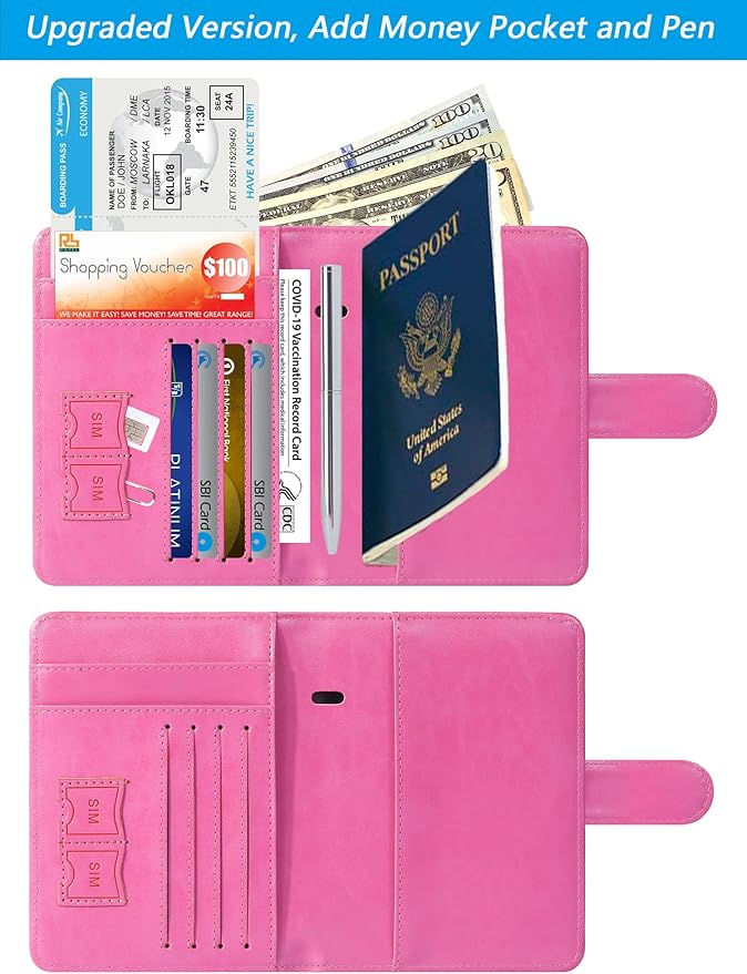 Passport Holder With Luggage Tag Cover Wallet RFID Blocking Leather Case Travel Essentials Accessories Travel Must Have(114#Pink)