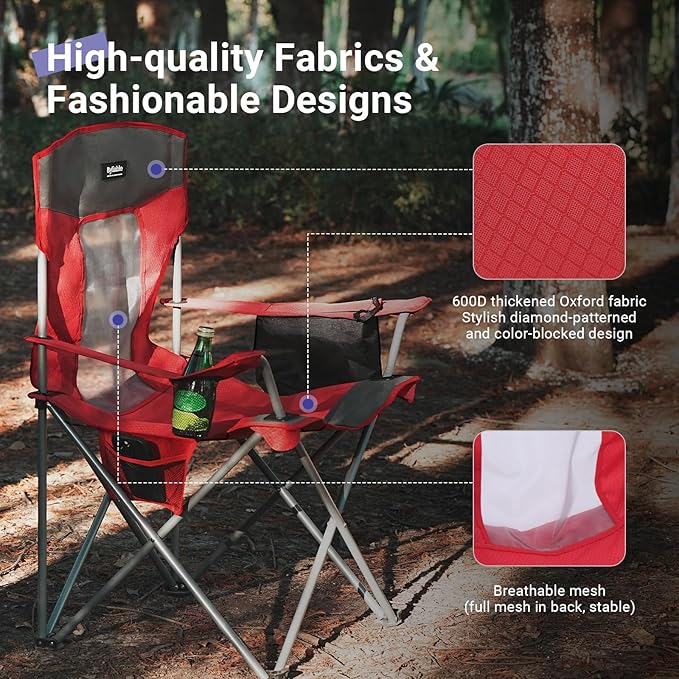 Camping Folding Chair Outdoor Lawn Portable Lightweight Camp Folding Chairs for Adult Outside with Cup Holder, Cooler Pouch & Side Pocket for Camping, Beach, Fishing, Sports or Tailgating Events