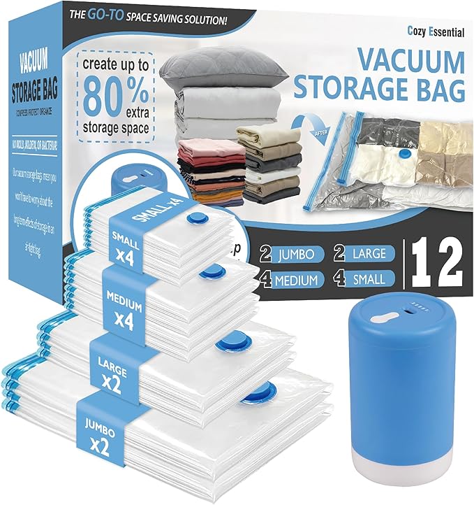 12 Pack Travel Vacuum Storage Bags with Portable Electric Pump, Vacuum Seal Space Saver Bags for Clothing, Vacuum Travel Bags for Luggage