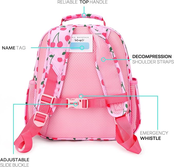 mibasies Toddler Backpack for Girls 2-4: Cute Kids Backpacks for Girls - Preschool Kindergarten Backpack - Cherry Pink