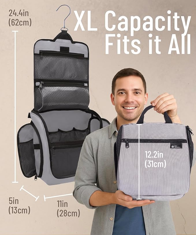 D&D Hanging Travel Toiletry Bag for Men and Women - Extra Large Hanging Shower Bag and Toiletries Organizer Kit with 10 Compartments, Quality Zippers, XXL Metal Swivel Hook, Water-Resistant Nylon
