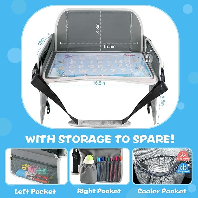 MENZOKE Kids Travel Tray Car Seat Tray for Boys or Girls Travel Gifts with Educational Drawing Board, Tablet Holder & Cooler Cup Holder, Road Trip Essentials for Car Trip, Airplane, Grey