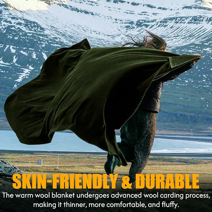 100% Wool Blanket, 62" x 86", Warm, Thick, Washable, Military Wool Blanket, Great for Camping, Outdoors, Sporting Events, Survival Kits