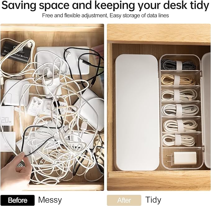 2 Pcs Cable Organizer Storage Box with 14 Wire Ties,Desktop Cable Management Box with Lid,Power Cord Organizer for Office,Home,Desk Accessories Storage Stationery Supplies White