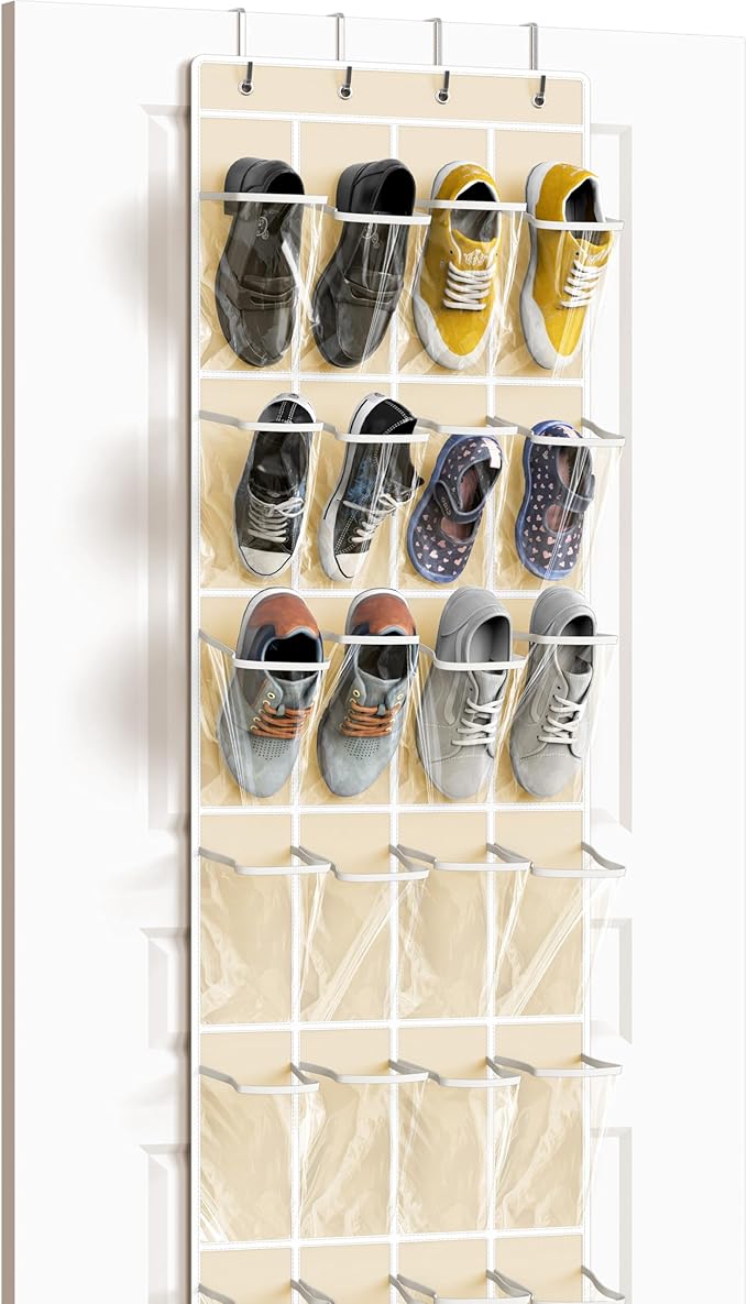 Simple Houseware 24 Pockets - Crystal Clear Over The Door Hanging Shoe Organizer, Beige (64'' x 19'')