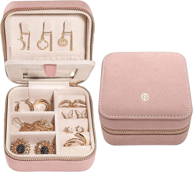 S.Leaf Travel Jewelry Organizer Travel Jewelry Boxes for Women Small Jewelry Travel Case Box Portable Travel Jewelry Case Travel Case Mini Jewelry (05_Suede_Touch_Dust_Pink)