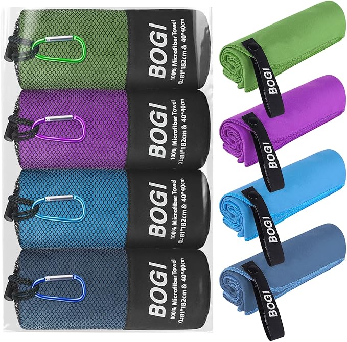 BOGI 4 Pack(8 pcs) Microfiber Travel Sports Towel-Quick Dry Towel, Soft Lightweight Microfiber Camping Towel Absorbent Compact Travel Towel for Camping Gym Beach Bath Yoga Swimming Backpacking-X Large