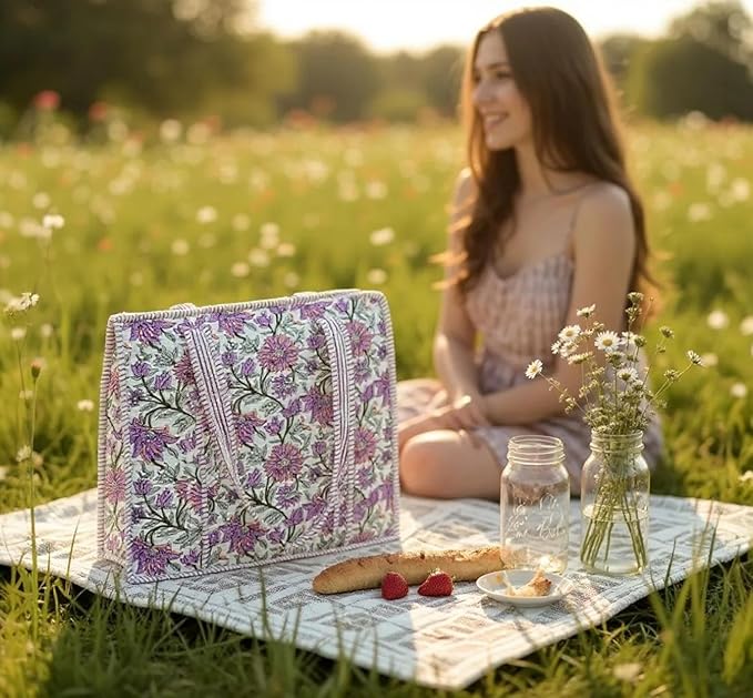 Cotton Quilted Tote Bag for Women – Large Beach & Travel Tote with Zipper, Reusable Grocery Bag