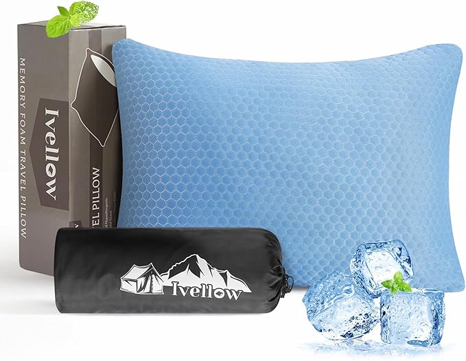 Ivellow Travel Pillow Cooling Camping Pillow for Sleeping Compressible Shredded Memory Foam Pillow Compact Firm Supportive Pillow for Adults Kids Outdoor Backpacking Hiking Essential Gear Blue M