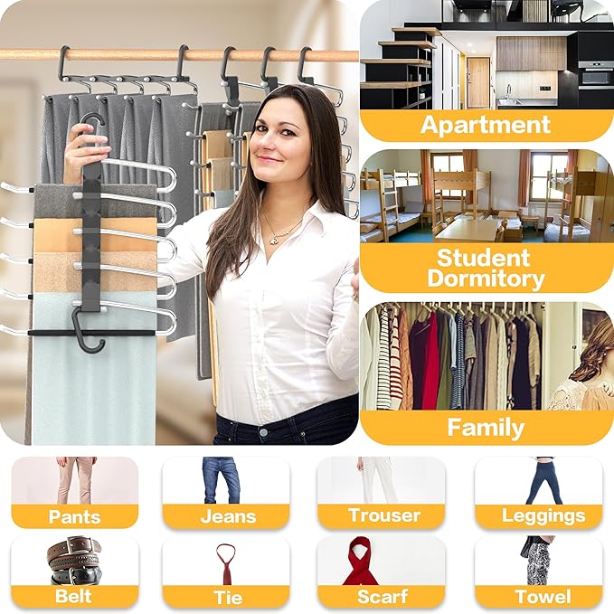 Pants Hangers Space Saving - 2 Pack Closet Organizer and Storage Jean Hangers, Stainless Steel Anti-Slip Clothes Hanger Scarf Holder for Pants Jeans Leggings Trousers Pant Rack, Black