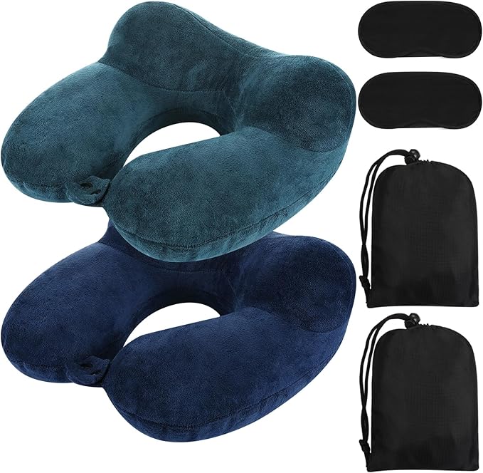 Sintuff 2 Pack Inflatable Travel Pillow for Airplanes Inflatable Neck Flight Pillows with Compact Bag and Blindfold for Traveling, Airplane, Train, Car, Office(Peacock Green and Blue)