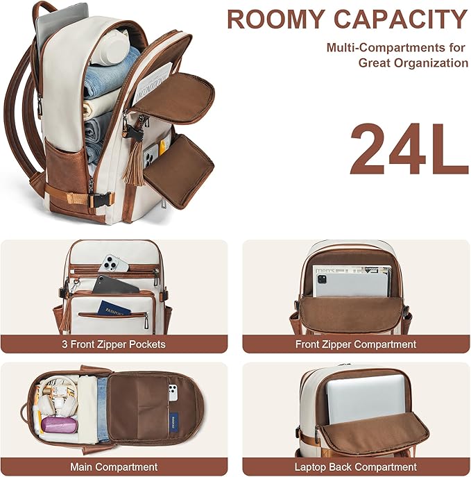 Shrrie Laptop Backpack for Women,Vegan Leather Backpack Work Computer Backpacks fits 16" Laptop,Water Resistant Teacher Nurse Casual Daypack for Weekender Camping Travel,Beige with Brown