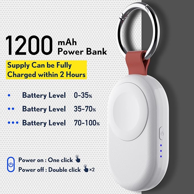 PZOZ Portable Apple Watch Wireless Travel Charger, 1200mAh Power Bank iWatch Fast Charging with Keychain Car, Adapter Compatible with Series Ultra 10 9 8 7 6 5 4 3 2 SE (White)
