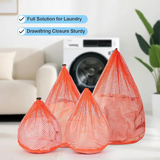 4Pcs Mesh Laundry Bags Washing Machine Mesh Wash Bags for Clothes,Underwear,Lingerie, Bed Linen with Drawstring Closure Sturdy(4 Size, Orange)