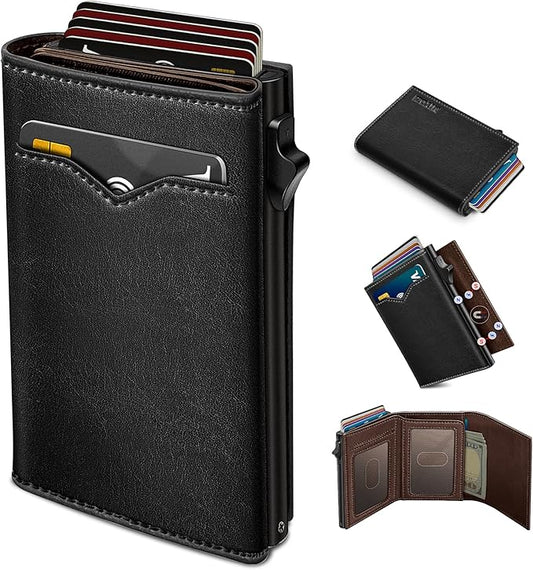 Wallet for Men,with Cash Pocket 2 ID Window 9-13 Cards,Metal Case Smart Slim Pop Up Credit Card Holder Flip with Magnetic Closure RFID Blocking Trifold wallet with Gift Box