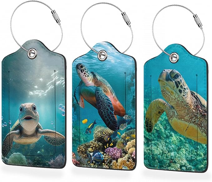 3 Pack Luggage Tag for Suitcase,Hawaiian Sea Turtle Leather Luggage Tags with Privacy Cover Name ID Label Identifiers Travel Bag Tags for Women Men Boys Girls
