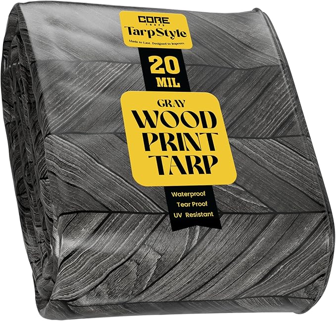 Core Tarps Extreme Heavy Duty 20 Mil Tarp Cover, Waterproof, UV Resistant, Rip and Tear Proof, Poly Tarpaulin with Reinforced Edges for Roof, Camping, Patio, Pool, Boat (Grey Wood/Black 12′ X 12′)