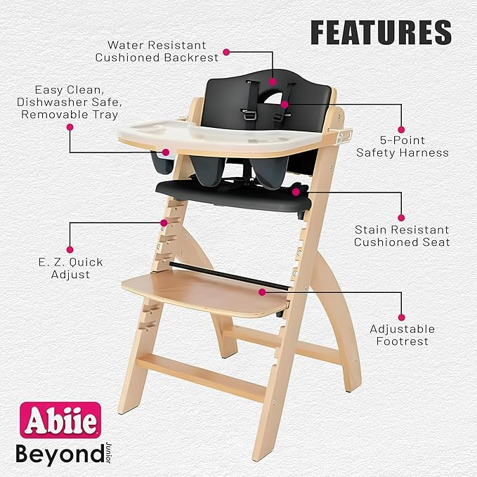 Abiie Beyond Junior Wooden High Chair with Tray - Adjustable and Convertible High Chair for Babies and Toddlers - 6 Months to 250 Lb - Water Resistant - Natural Wood/Black Pearl Cushion