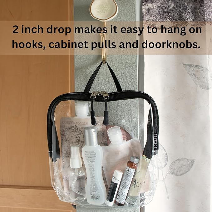 BORSALI TSA-Approved Quart-Sized Bag for Carry-On Travel - One (1) Quart Clear Toiletries, Cosmetic and 3-1-1 Liquids Toiletry Bag - Black With Handle