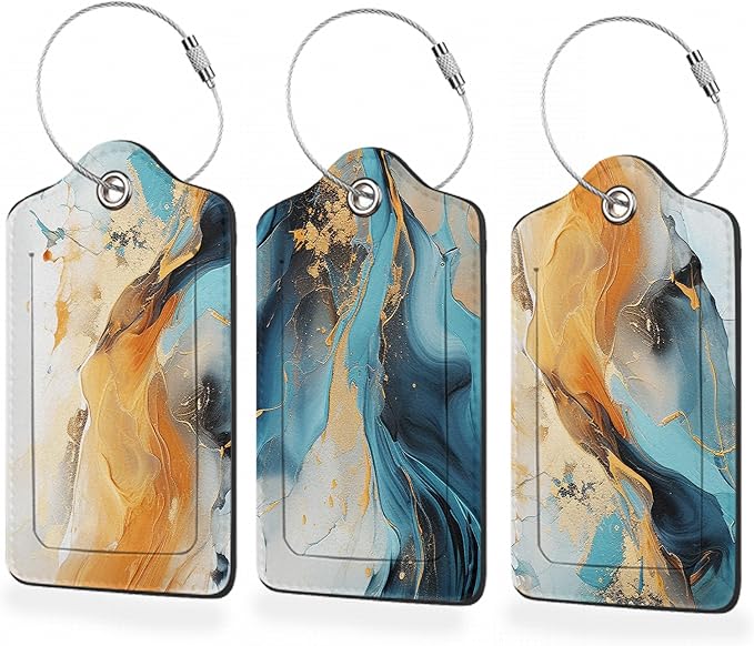 3 Pack Luggage Tag for Suitcase,Marble Gold Blue Leather Luggage Tags with Privacy Cover Name ID Label Identifiers Travel Bag Tags for Women Men Boys Girls