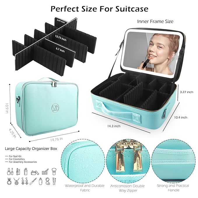 MOMIRA Travel Cosmetic Train Case with Lighted Mirror 3 Color Scenarios Cosmetic Bag Organizer with Adjustable Dividers Makeup Storage for Women, Makeup Accessories & Tools Case Aqua Blue