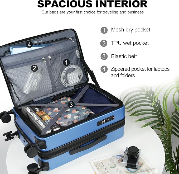 KROSER Carry On Luggage with Spinner Wheels & Built-in TSA Lock, Expandable Top Loading Hard Shell Suitcase Large Capacity Durable Rolling Luggage with USB Port, Carry-On 20-Inch, Light Blue