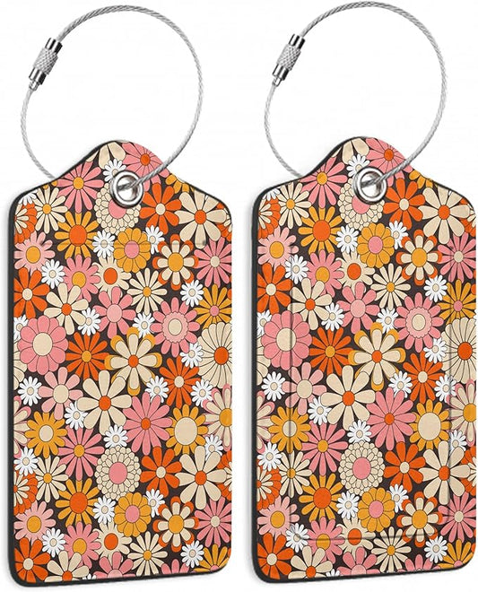 2 Pack Luggage Tag for Suitcase,Vintage Groovy Flowers Leather Suitcase Tags Identifiers with Privacy Name Address Labels and Durable Steel Loop for Women Men Travel