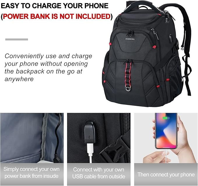 VANKEAN 17.3'' Travel Laptop Backpack TSA Friendly, Water Resistant Anti Theft Extra Large College Backpacks with RFID Pockets, USB Port for Men Women Business Work Bag, Black